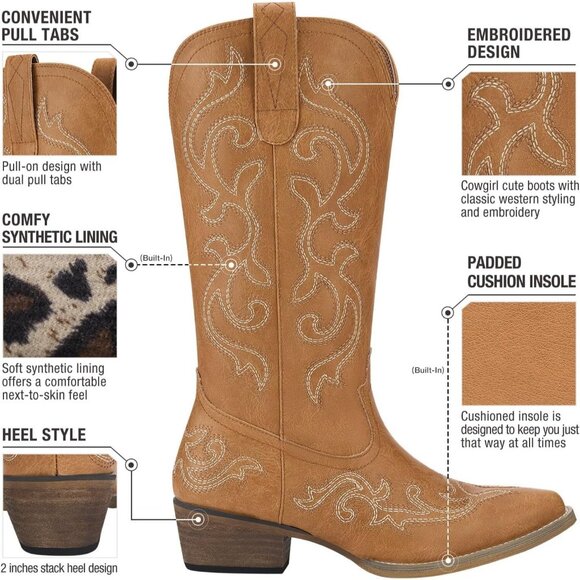 🆕Women Brown Synthetic Leathers Cowgirl Chunky Heel Snip Toe Mid-Calf Boots - Picture 7 of 11